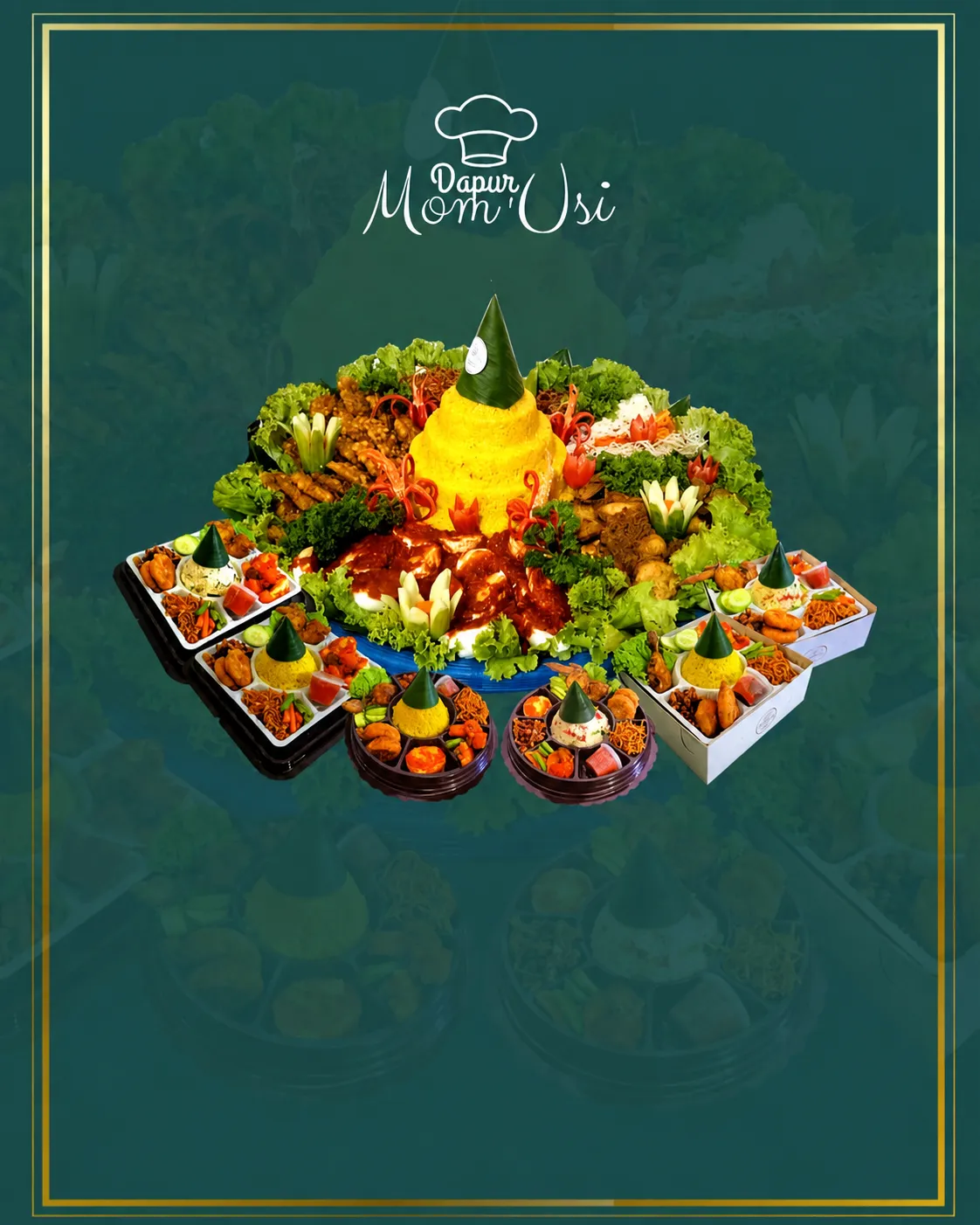 Poster Dapur Mom'Usi: tumpeng tampah besar dikelilingi tumpeng mini dan nasi box